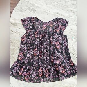 Fire Los Angeles Sheer Boho Floral Print Blouse Ruffle Hem Size M